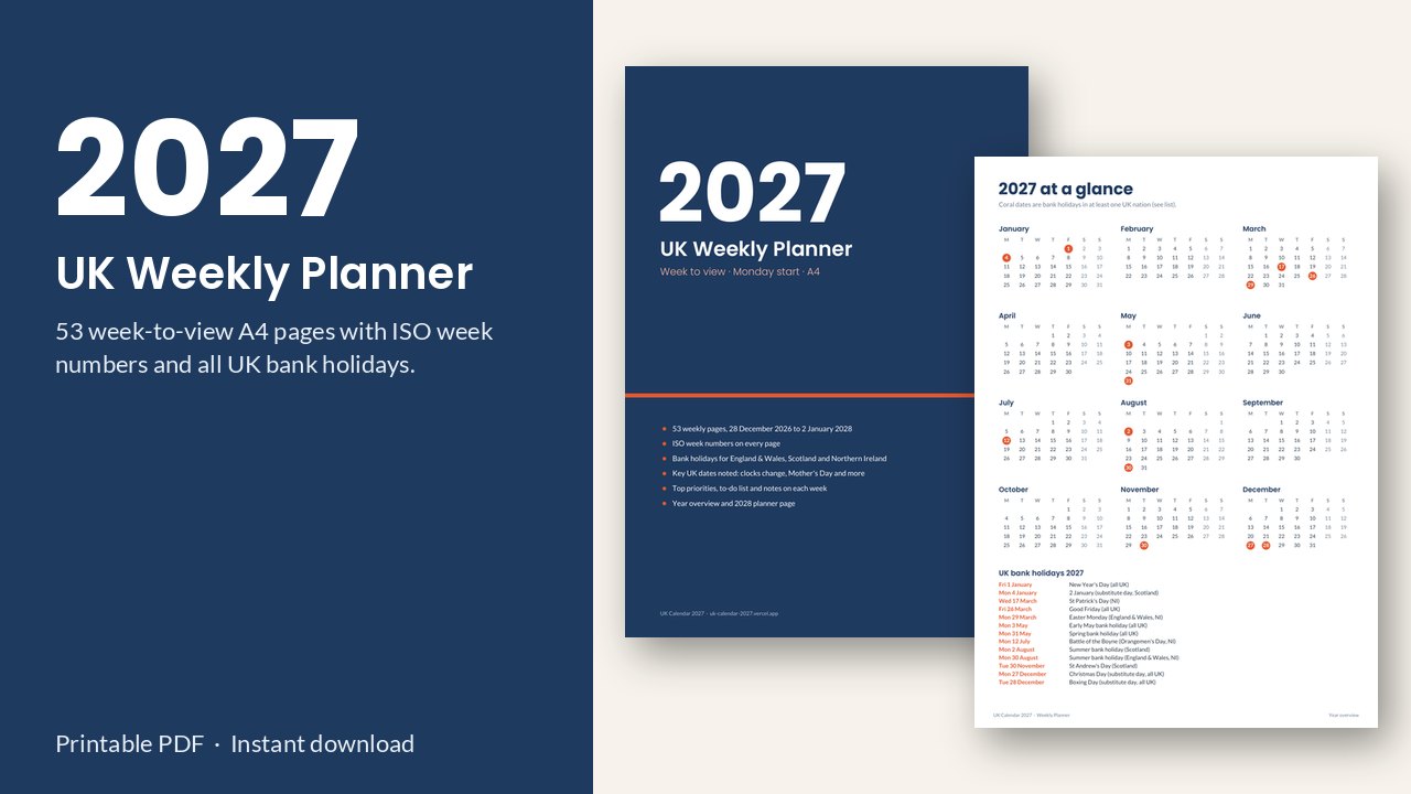 2027 UK Weekly Planner – Week to View Printable PDF